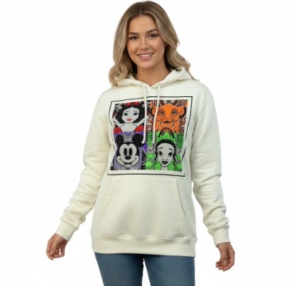 DISNEY 100 CREAM SWEATSHIRT HOODIE FEATURES SNOW WHITE SIMBA MICKY TIANA M 7-9